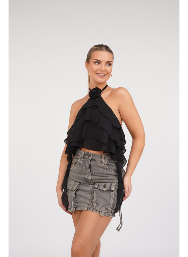 Crop top ruffles met halternek en roos zwart