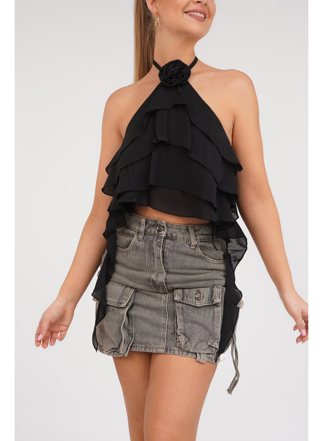 Crop top ruffles met halternek en roos zwart