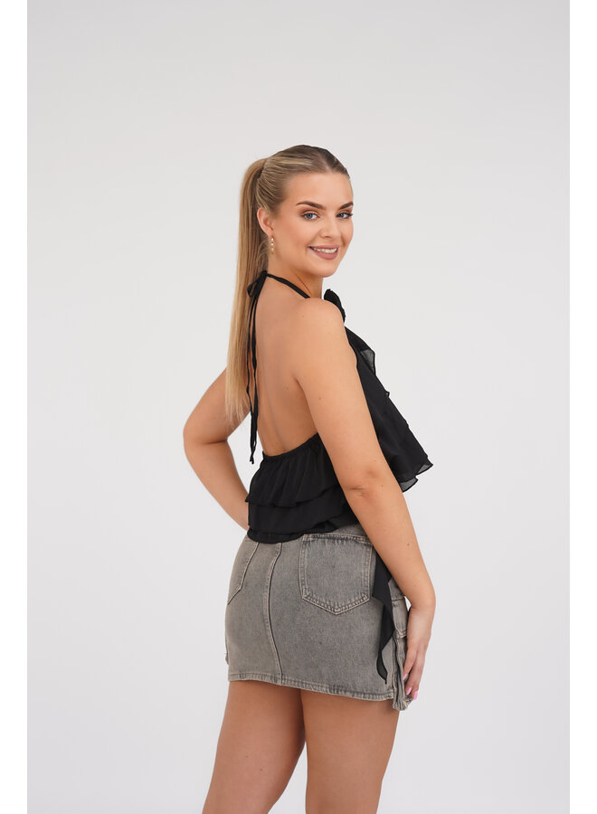 Crop top ruffles met halternek en roos zwart