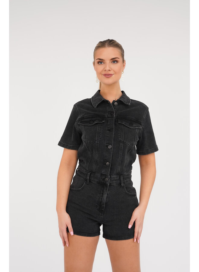 Playsuit denim zwart met stretch en korte mouw