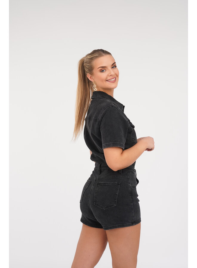 Playsuit denim zwart met stretch en korte mouw