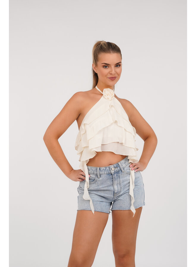 Crop top ruffles met halternek en roos creme