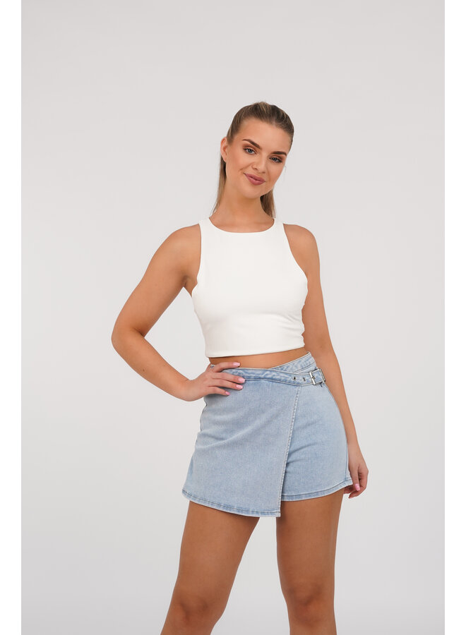 Skort denim met overslag en zilveren gesp