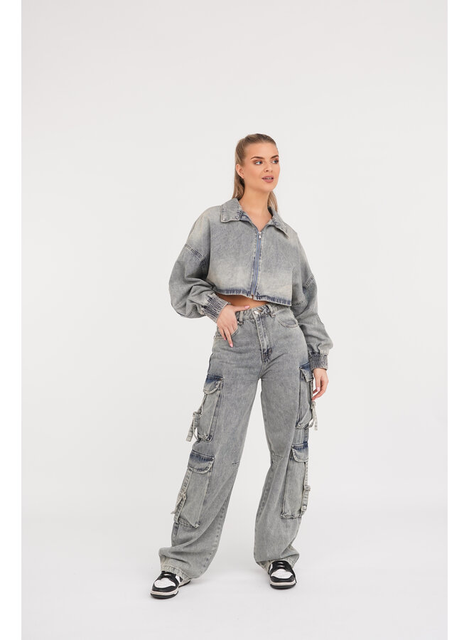 Cargo broek met acid wash blauw en zakken