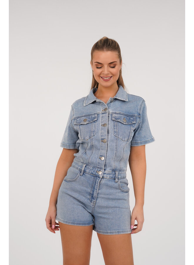 Playsuit denim blauw met stretch en korte mouw