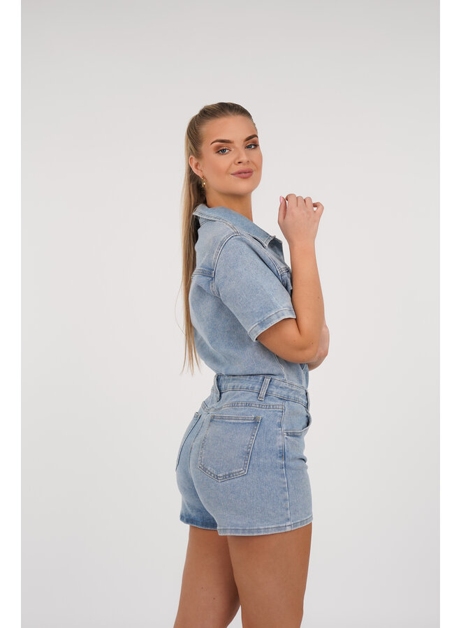 Playsuit denim blauw met stretch en korte mouw