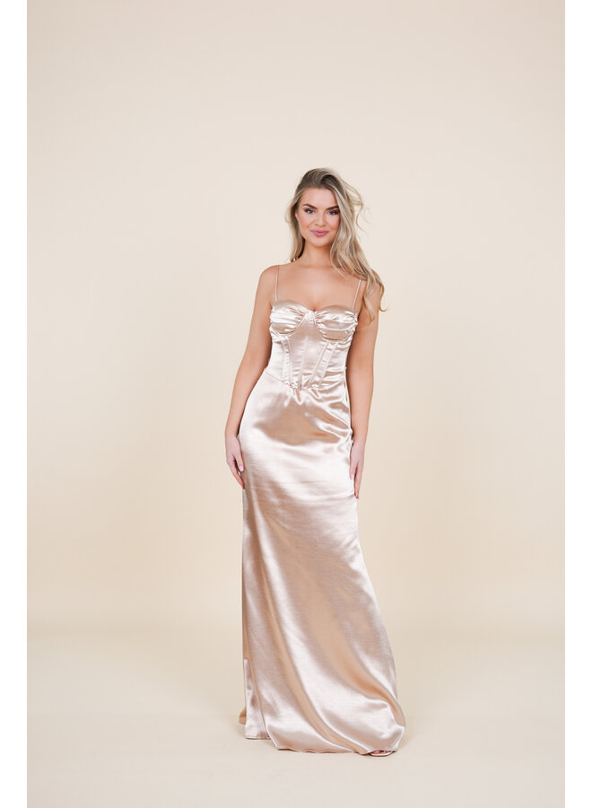 Maxi jurk bruidsmeisje satijn beige met corset