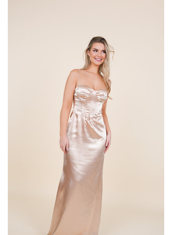 Maxi jurk bruidsmeisje satijn beige met corset