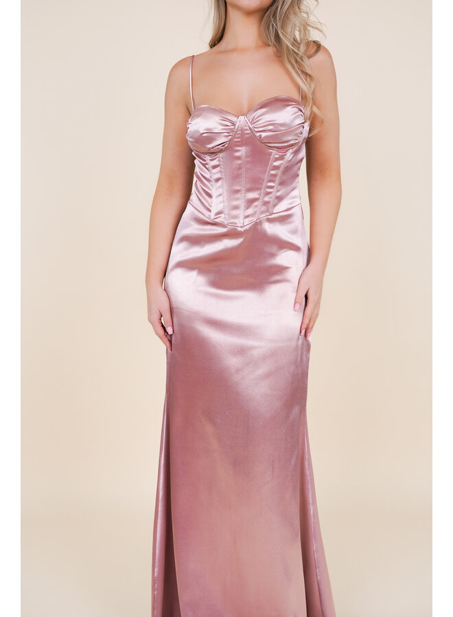 Maxi jurk bruidsmeisje satijn roze met corset