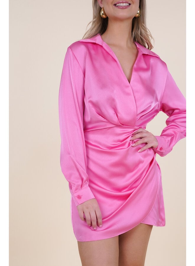 Satin jurk v-hals roze - Xeni