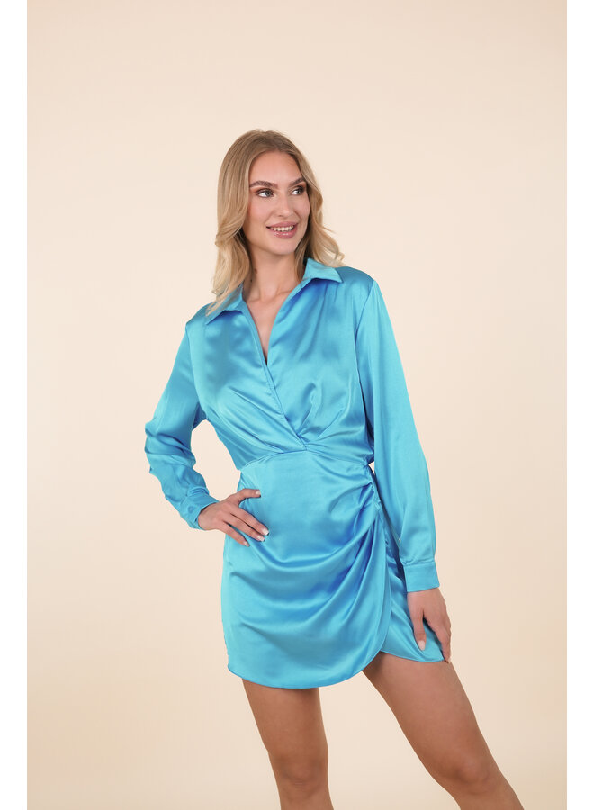 Satin jurk v-hals aqua blauw - Xeni
