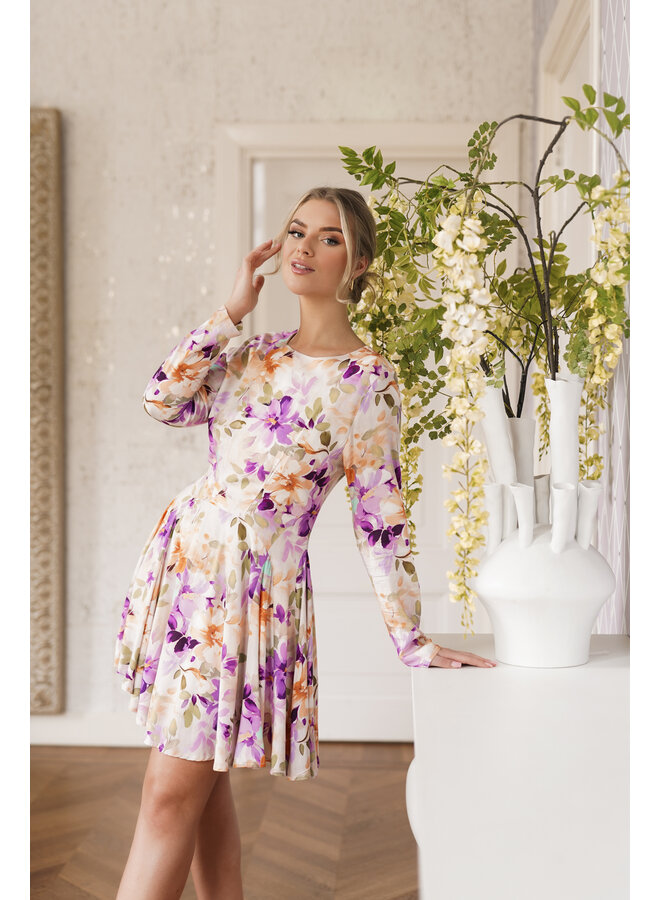 A lijn jurk met bloemenprint en lange mouwen beige lila