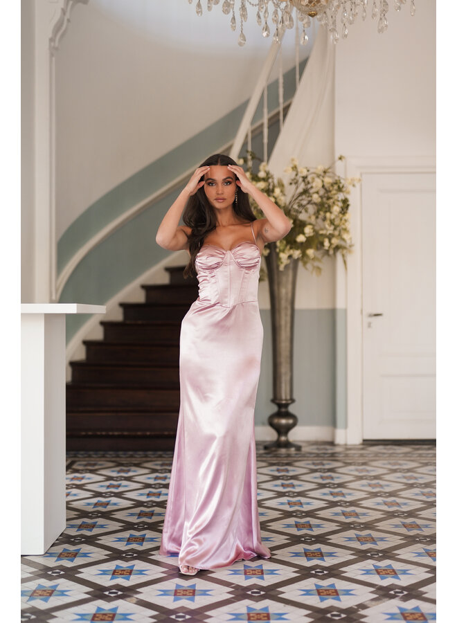 Maxi jurk bruidsmeisje satijn roze met corset
