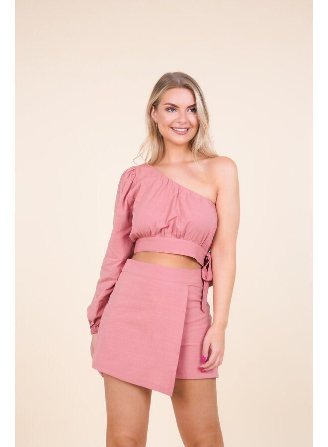 One shoulder top met lange mouw roze