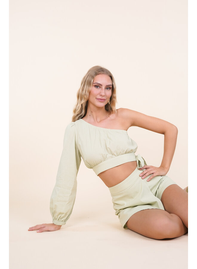 One shoulder top met lange mouw groen