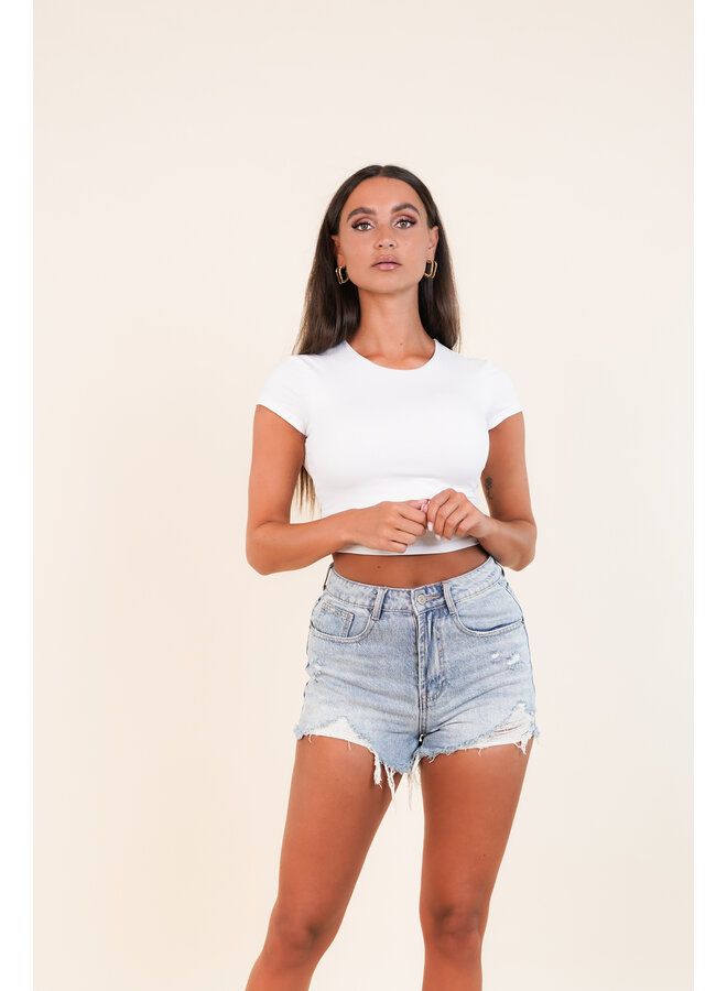 High waisted denim short destroyed blauw