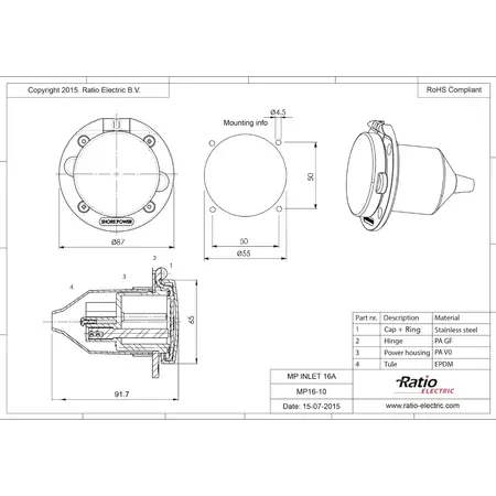 Ratio Walstroom invoer/inlet 16A kunststof - Zwart