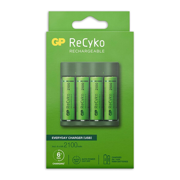 GP GP USB batterijlader + 4 x AA-batterijen 2100mAh NiMH