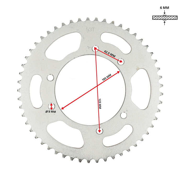 achterkettingwiel DMP 53t derbi, furia, senda, senda sm, senda x-treme, aprilia, rx, sx, peugeot, xp6, rieju mrt, rieju mrt pro