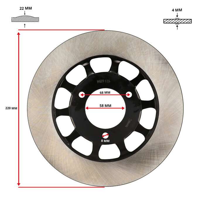 remschijf DMP 3-gaats 220mm honda, mb, mb8, mbx