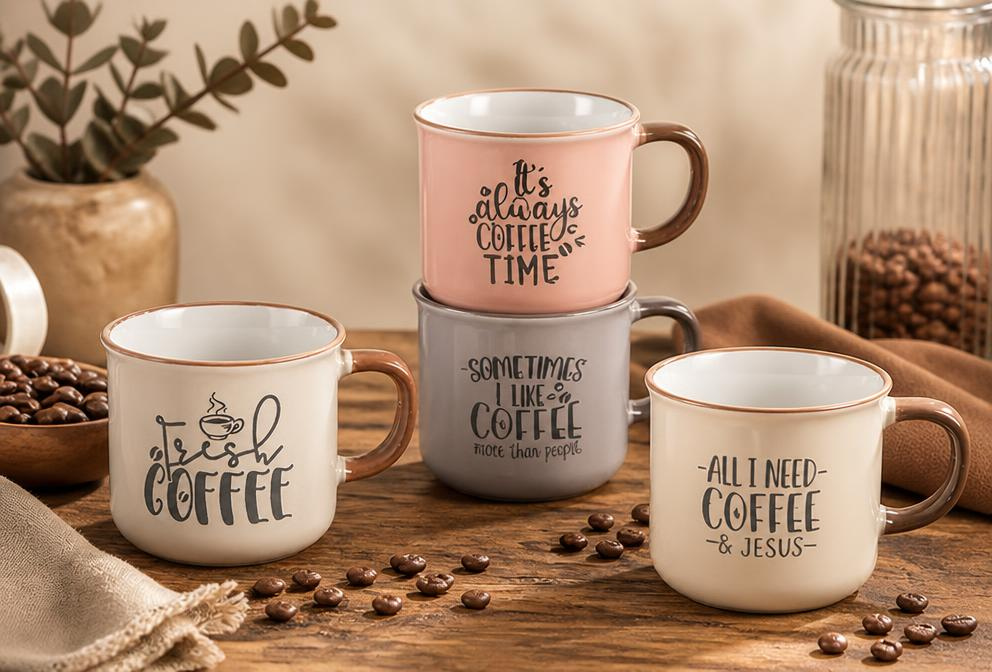 Koffiekopjes met Spreuk 285 ml (Set van 4) - Pasteltinten