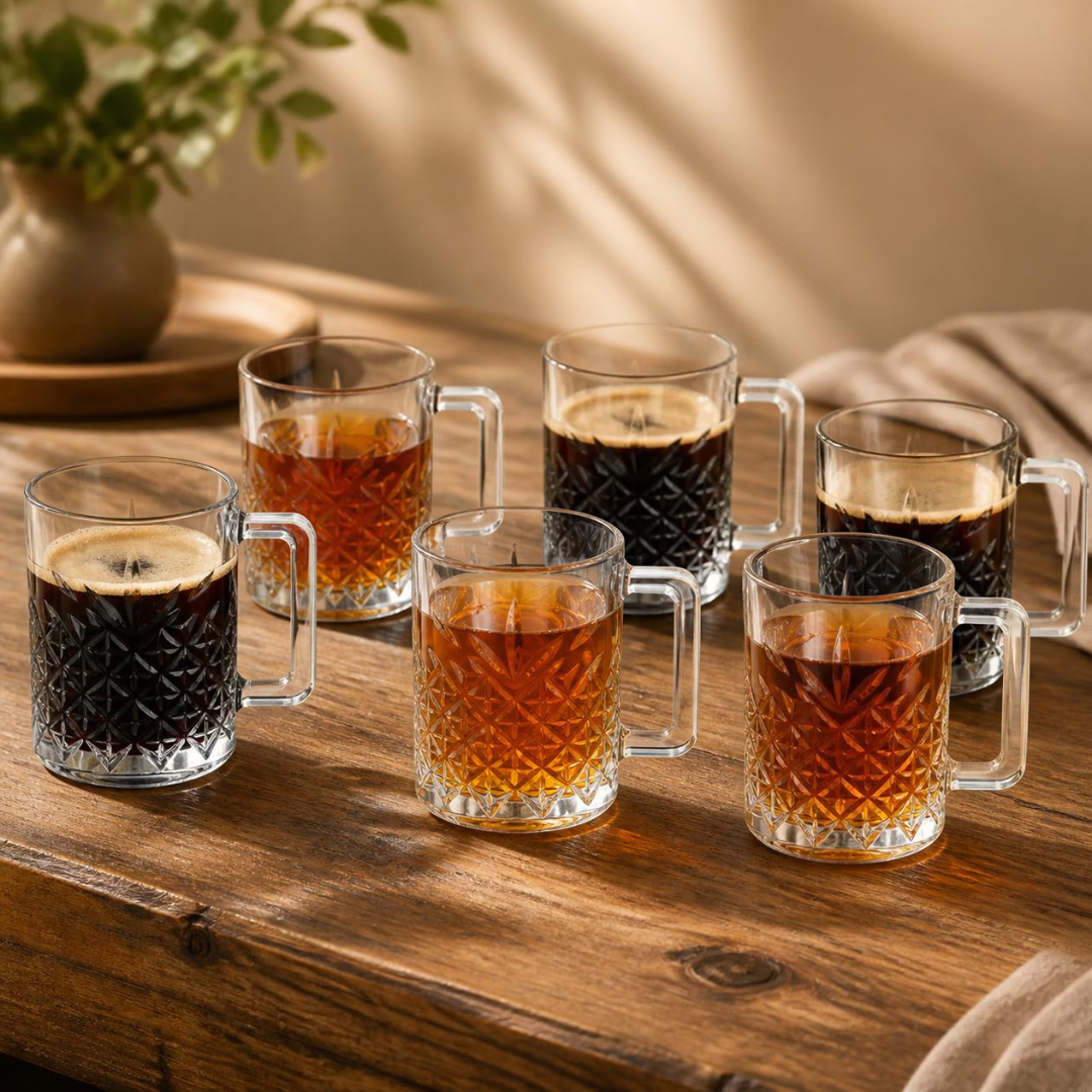 Pasabahce Timeless Luxe Koffie & Theeglas 31cl-Facetgeslepen Glazen met Oor( Set van 2 of 6 stuks)