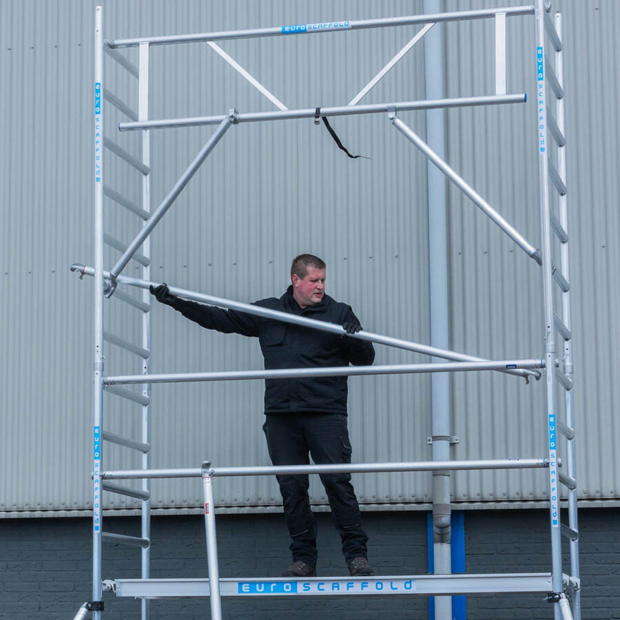 Euroscaffold Rolsteiger Basic 75x305 8,2m werkhoogte tegen de gevel