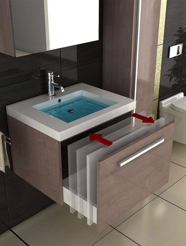 Waschbecken und Unterschrank / Braun Badmöbel / Spiegel / Badezimmer / Waschplatz / Waschtisch / Waschbecken