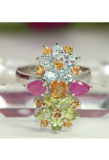 925 anello d'argento rodiato con naturale Rubino, Zaffiro, topazio azzurro e Peridot