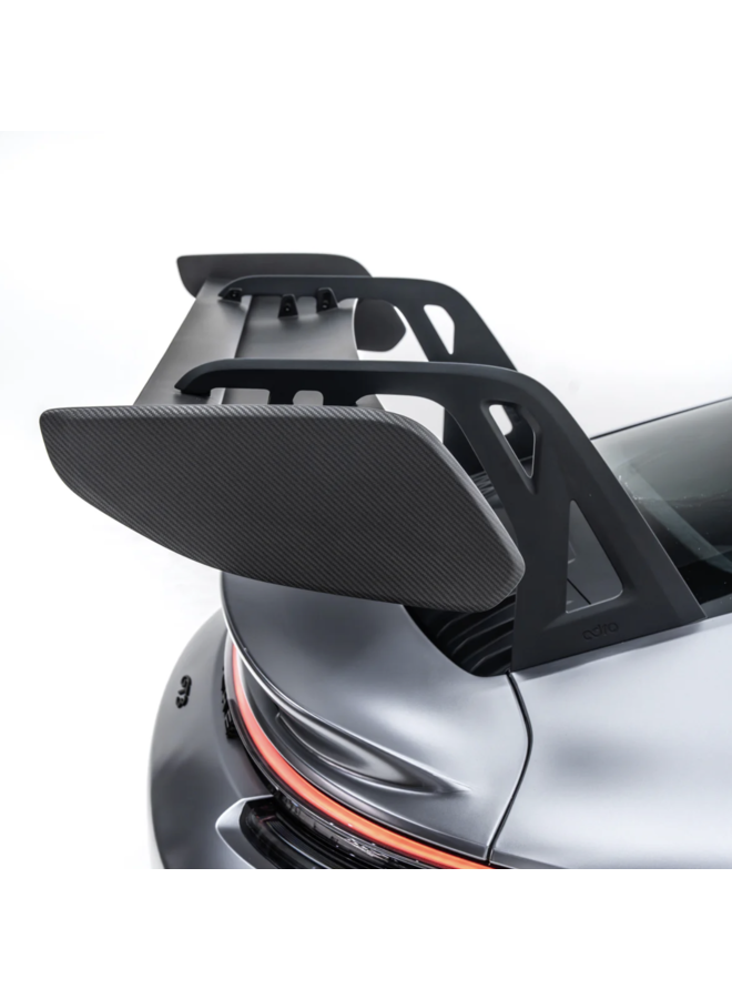 This is a Porsche 992 GT3 Adro AT-P Swan neck carbon spoiler
