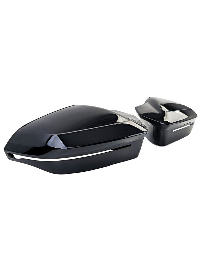 Este texto refere-se a um conjunto de capas de espelho retrovisor em preto brilhante, estilo MPE, para BMW Série 5 G60 e G61.