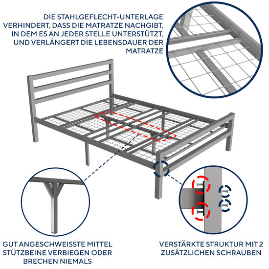 AirSleeperz®  metalen bedframe Job Grey 140x200 cm - 2 persoons