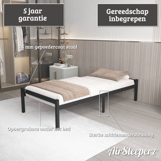 AirSleeperz®  metalen bedframe Luuk Black 90x200 cm - 1 persoons