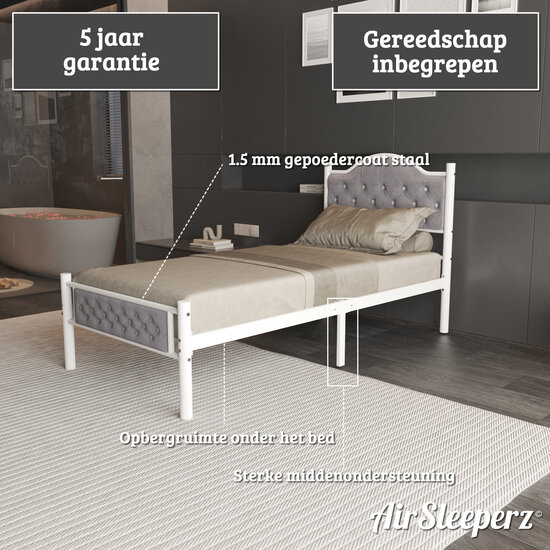 AirSleeperz®  metalen bedframe Teun White/Grey 90x200 cm - 1 persoons