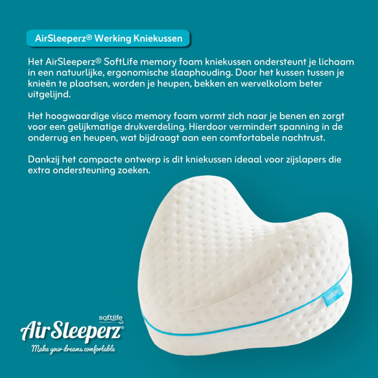 AirSleeperz® SoftLife Kniekussen Memory Foam - Orthopedisch 25x25x15 cm