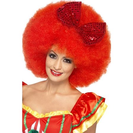 Pruik Afro clown rood met strik