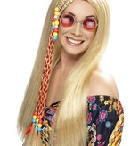 Hippy Party pruik blond met gekleurde kralen