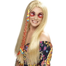 Hippy Party pruik blond met gekleurde kralen