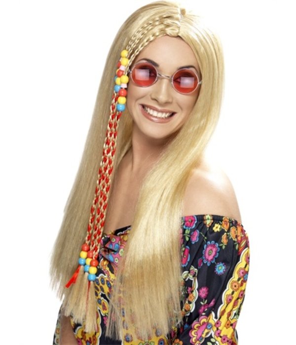 Hippy Party pruik blond met gekleurde kralen