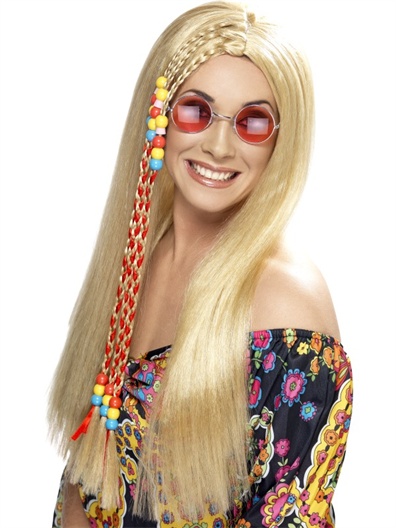 Hippy Party pruik blond met gekleurde kralen afbeelding
