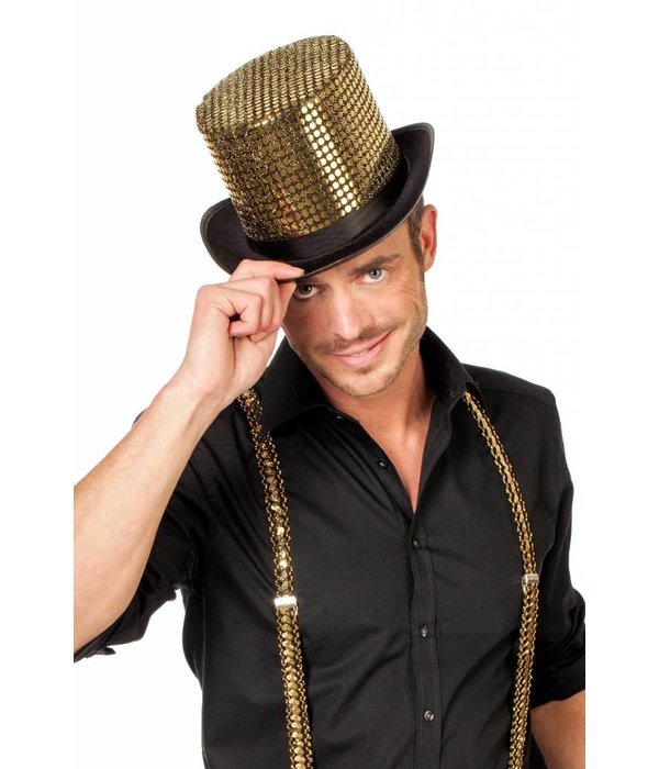 Hoge hoed paillettenstof goud