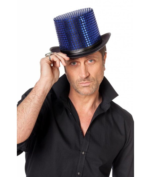 Hoge hoed paillettenstof blauw