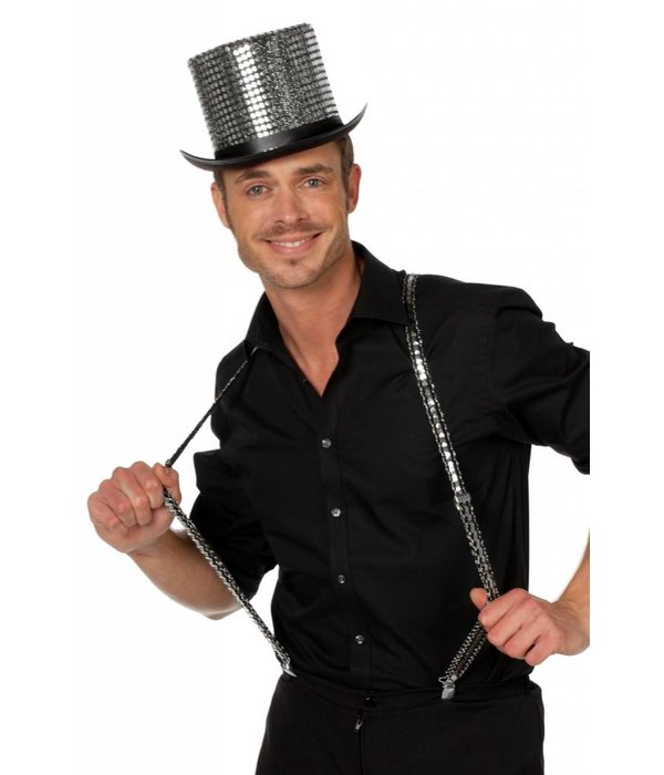 Hoge hoed paillettenstof zilver