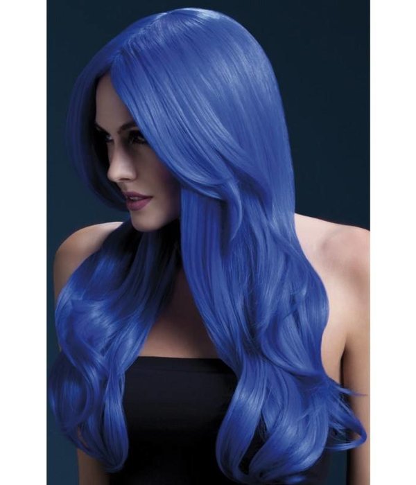 Professionele pruik lang neon blauw