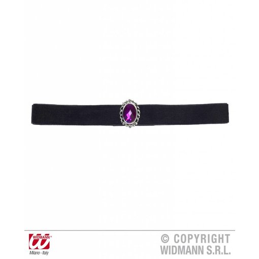 Nekband fluweel zwart met paarse steen