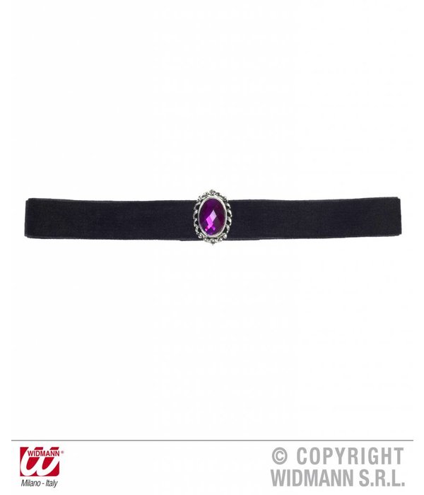 Nekband fluweel zwart met paarse steen