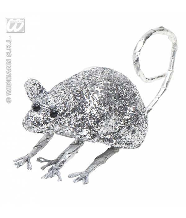 Glitter muis zilver 8,5cm