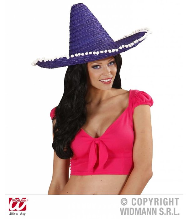 Sombrero paars/blauw 50cm met pompons