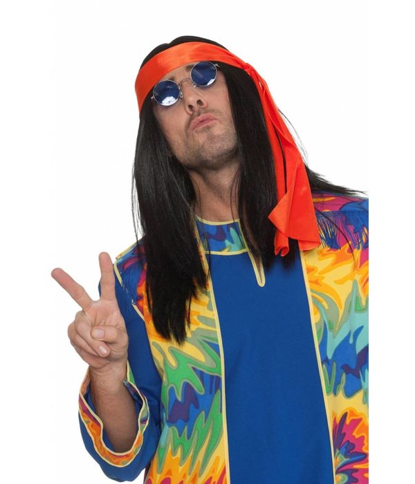 Hippie pruik zwart + hoofdband