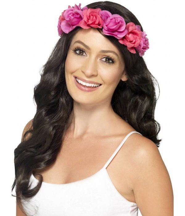 Hoofdband bloemen neon pink hawaii